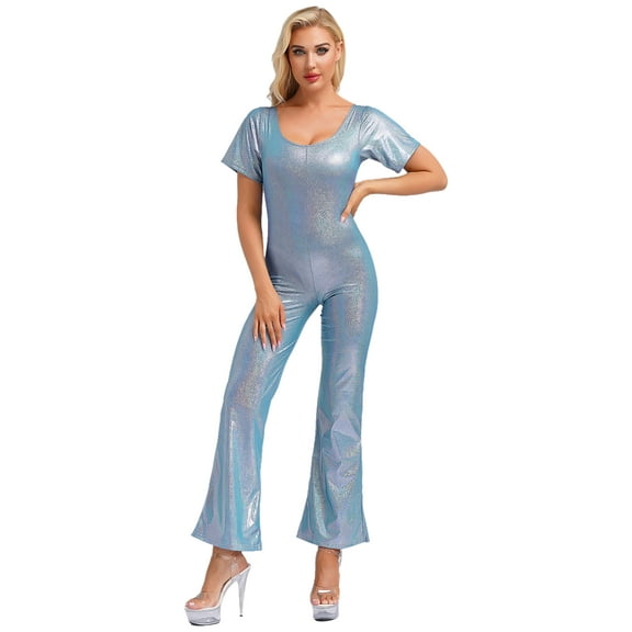 Choomomo Women's Shiny Metallic Bell-Bottom Dance Jumpsuit Casual Playsuit Retro Disco Party Outfits Blue 170