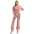 thumbnail image 1 of Choomomo Women's Shiny Metallic Bell-Bottom Dance Jumpsuit Casual Playsuit Retro Disco Party Outfits Red 160, 1 of 4