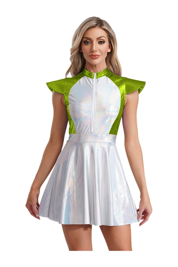 Women's Shiny Outer Space Astronaut Alien Robot Cosplay Costume Flared A-line Mini Dress Green M