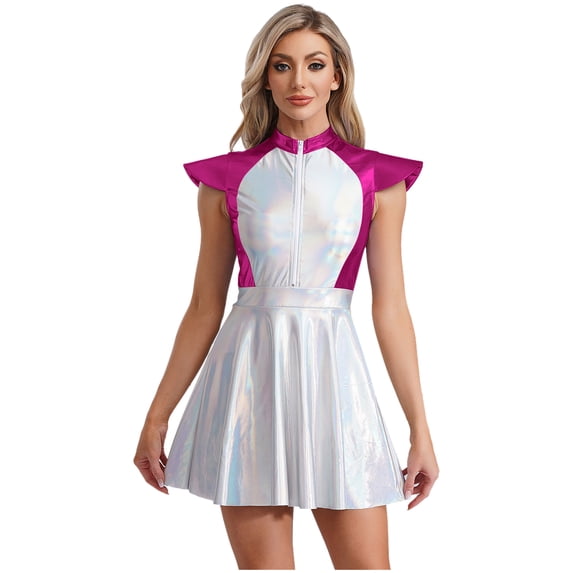 Choomomo Women's Shiny Outer Space Astronaut Alien Robot Cosplay Costume Flared A-line Mini Dress Hot Pink 3XL
