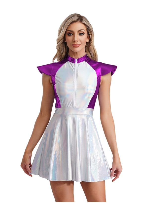 Women's Shiny Outer Space Astronaut Alien Robot Cosplay Costume Flared A-line Mini Dress Purple S