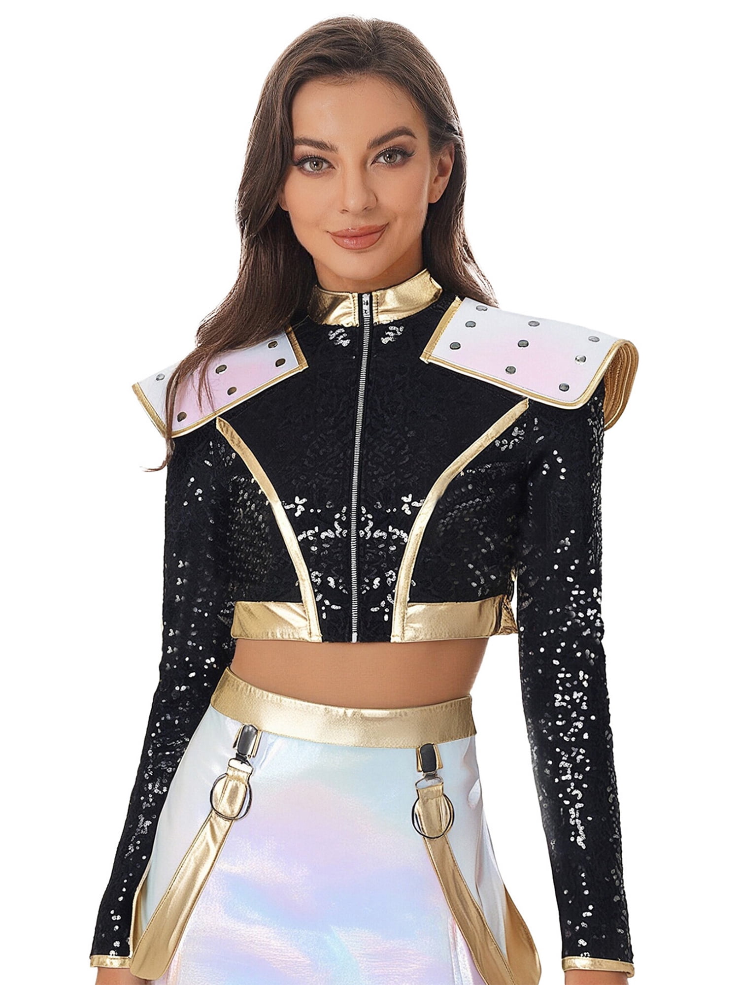 Choomomo Women's Shoulder Epaulet Crop Top Singer Dance Jacket Sequin ...