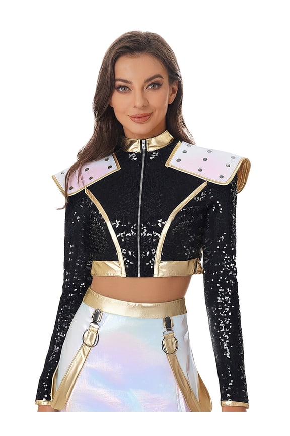 Women's Shoulder Epaulet Crop Top Singer Dance Jacket Sequin Long Sleeve & Front Zipper Black S