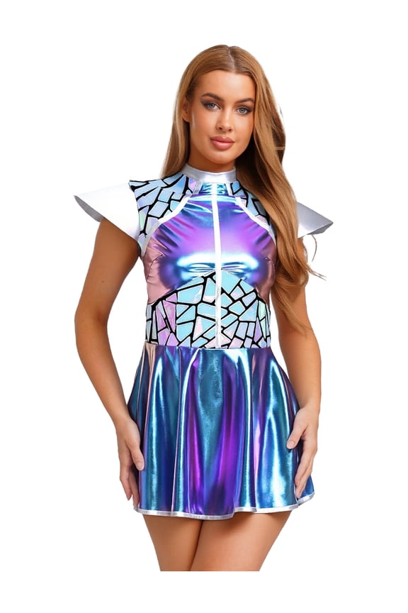 Women's Space Alien Dress Rave Outfits Astronaut Gradient Sequin Metallic A-line Mini Dress Blue S