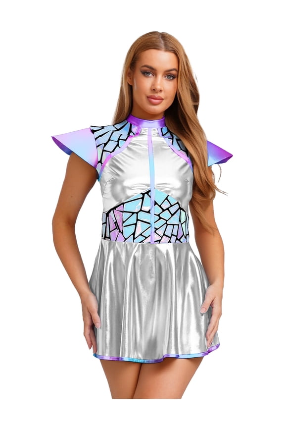 Women's Space Alien Dress Rave Outfits Astronaut Gradient Sequin Metallic A-line Mini Dress Silver L
