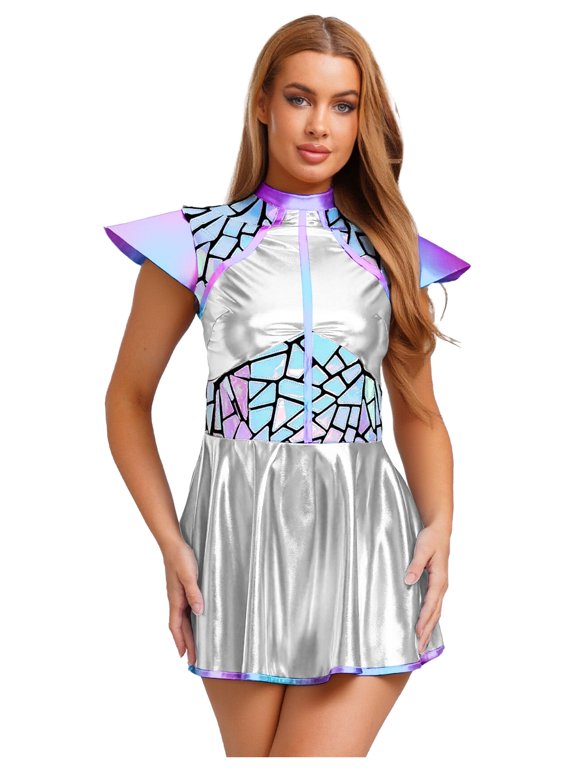Women's Space Alien Dress Rave Outfits Astronaut Gradient Sequin Metallic A-line Mini Dress Silver S