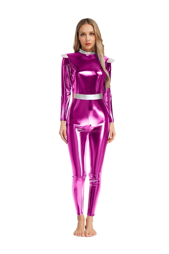 Womens Adult Alien Outfits Long Sleeves High Waist Long Jumpsuit Outer Space Cutie Uniform Hot Pink S