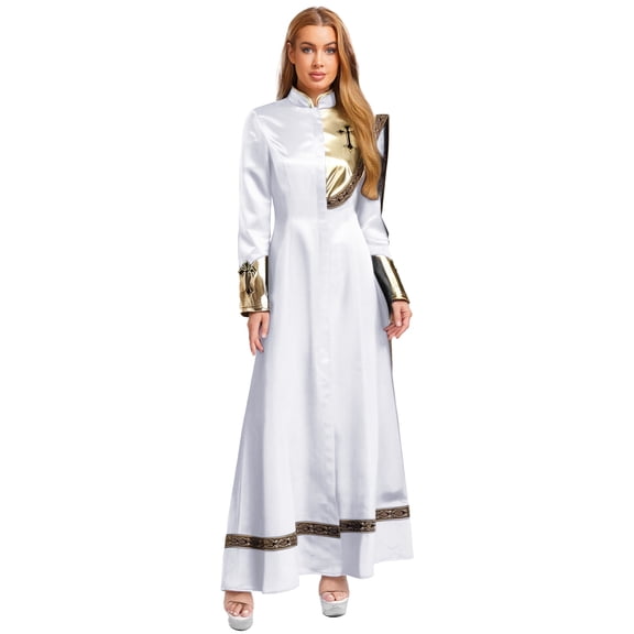 Choomomo Womens Choir Worship Priest Long Robe Church Clergy Cassock One Shoulder Drape Zipper Robe White M