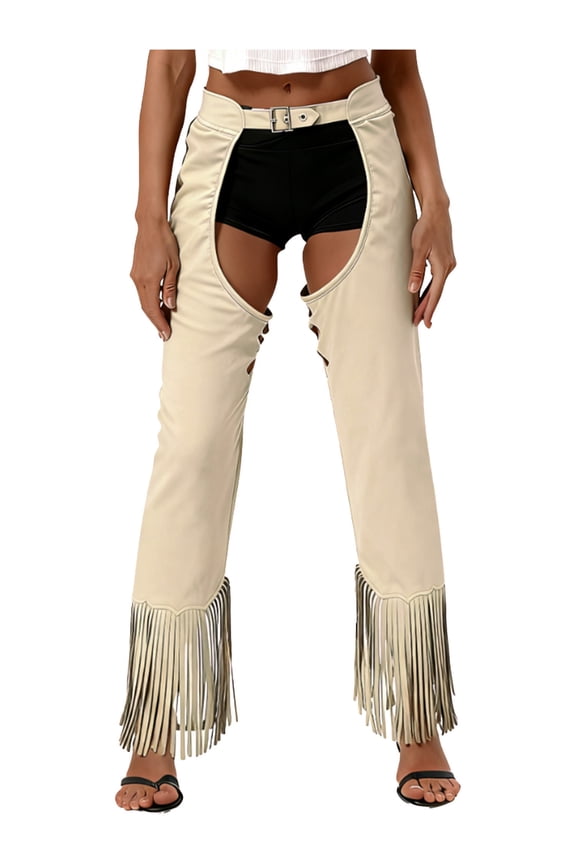 Womens Dame Vintage Cowboy Suit Faux Suede Strapped Pants Hippie Long Pants for Party Beige S