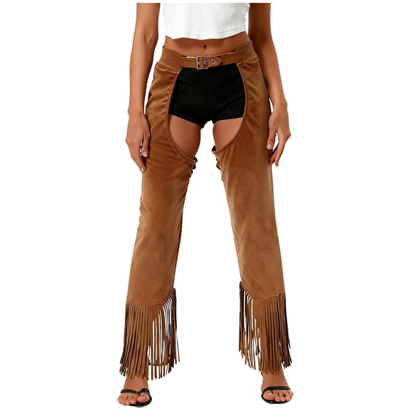 Choomomo Womens Dame Vintage Cowboy Suit Faux Suede Strapped Pants Hippie Long Pants for Party Brown XL