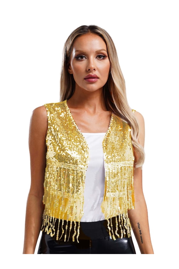 Womens Sequin Tassel Dance Tops Sleeveless Open Front Jacket Waistcoat 70s Disco Party Costume Gold XL