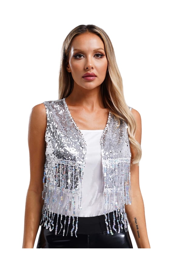 Womens Sequin Tassel Dance Tops Sleeveless Open Front Jacket Waistcoat 70s Disco Party Costume Silver M