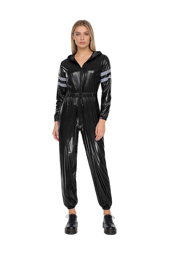 Womens Water Resistant Hooded Coveralls Reflective Strips Safety Work Overalls Jumpsuit Black XXL
