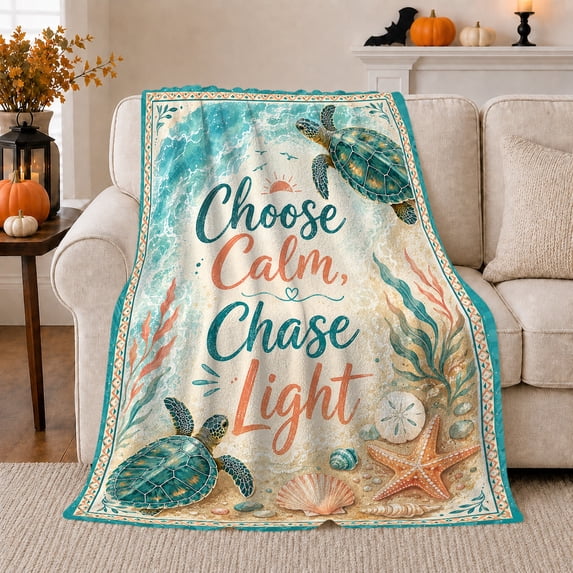 Choose Calm Sea Turtle Coastal Design, Cozy Friendship Quote Scene, Warm Flannel Blanket for Living Room and Reading Nook, Art Lovers Friendship Gift, Artistic Home Decor