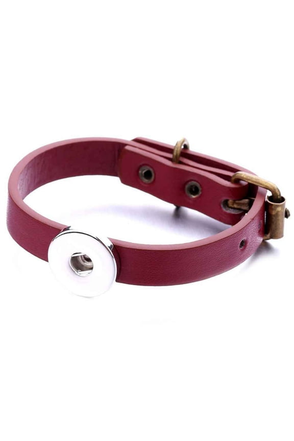 Snap Jewelry Crimson Red Leather Bracelet with Adjustable Buckle and 18MM Snap Holder, 9 Inch