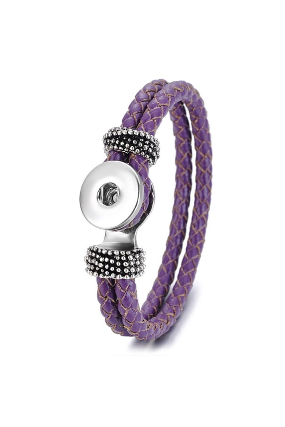 Snap Jewelry Leather Double Braided Bracelet 7.5 Inch in Purple with Single Snap Holder