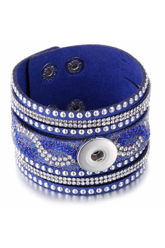 Snap Jewelry Wide Cuff Bracelet with Blue Rhinestones and Adjustable Suede Strap 18MM