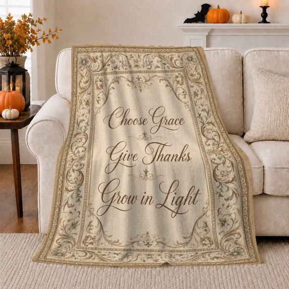Choose Grace Give Thanks Grow in Light Quote, Inspirational Christian Saying with Vintage Floral Border, Birthday Gift, Cozy Flannel Blanket for Bedroom, Graceful Home Decor