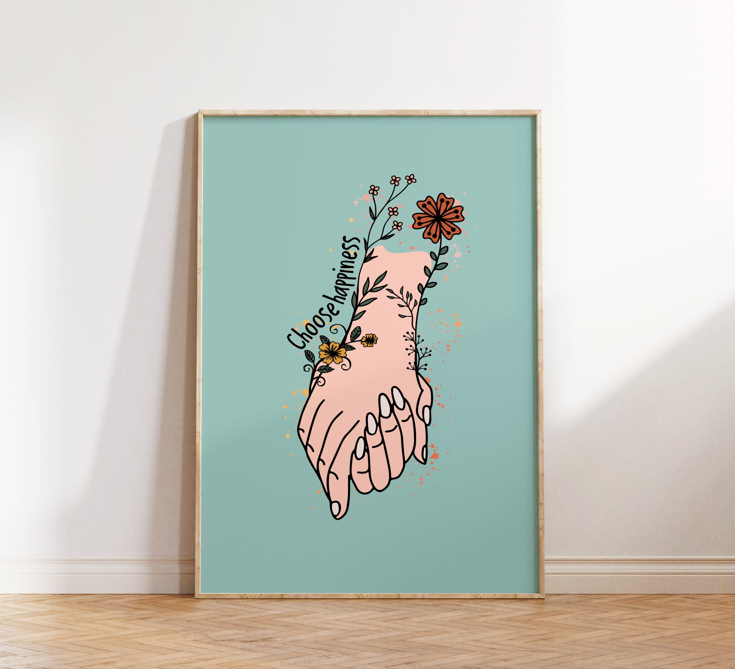 Choose Happiness Print, Retro Quote Print, Hippie wall decor, Large