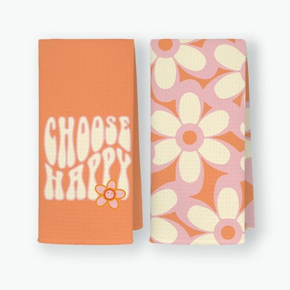 Choose Happy Flowers Pattern Soft Kitchen Towels Dishcloths 18x26 Inch Set of 2,Retro 1970s Groovy Drying Cloth Hand Towels Tea Towels for Dorm,Teen Girls Gift