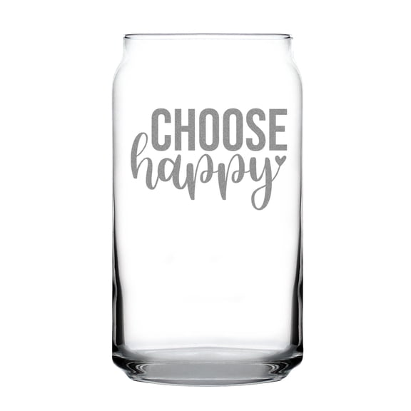 Choose Happy Hand Engraved Can Shaped Pint Glass, Unique Handcrafted Etched 16oz Custom for Friend or Loved One