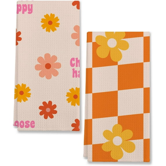 Choose Happy Retro Groovy Hippie Flower Orange and Beige Checkered Kitchen Towels,Dish Cloth Flour Sack Hand Towel for Farmhouse Kitchen Decor,26x18 Inches Cotton Dish Towels Dishcloths