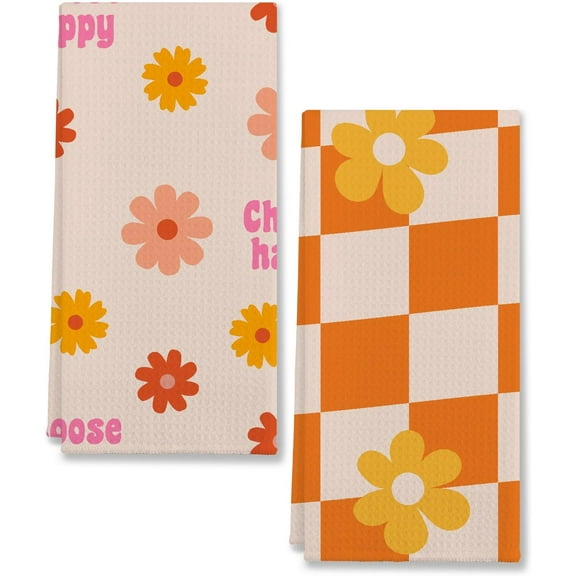 Choose Happy Retro Groovy Hippie Flower Orange and Beige Checkered Kitchen Towels,Dish Cloth Flour Sack Hand Towel for Farmhouse Kitchen Decor,26x18 Inches Cotton Dish Towels Dishcloths