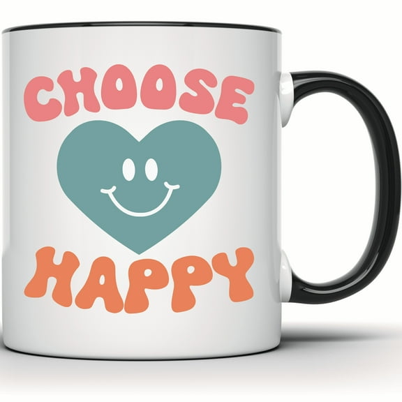 Choose Happy Smiley Face Mug - Cute Retro Groovy Mug for Coffee or Tea - Positive Vibes Gift Idea - 11 Ounce Black Rim Handle Novelty Coffee Cup - WMUG1432-BLK