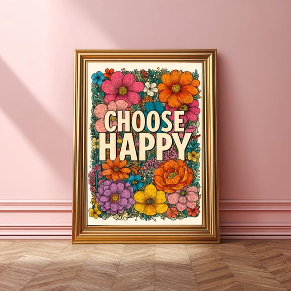 Choose Happy Wall Art, Colorful Floral Poster, Retro Positive Quote Poster, Boho Home Decor, Unframed Poster Size 24x36 F03.1.22l1037
