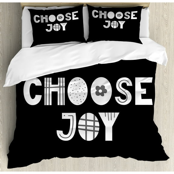 Choose Joy Duvet Cover Set, Typography with Grid Stripes Polka Dots Flowers in Text Font Simplistic, Decorative 3 Piece Bedding Set with 2 Pillow Shams, Calking Size, Dark Grey and White, by Ambesonne