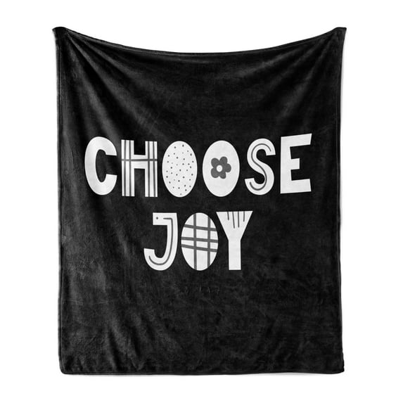 Choose Joy Soft Flannel Fleece Blanket, Typography with Grid Stripes Polka Dots Flowers in Text Font Simplistic, Cozy Plush for Indoor and Outdoor Use, 60" x 80", Dark Grey and White, by Ambesonne