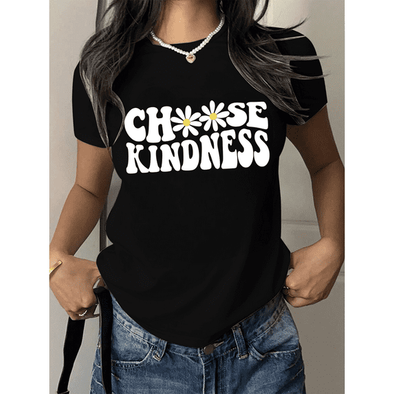 Choose Kindness Biblical Affirmation Print Tshirts Faith Based Graphic Tees Positive Inspirational Flower Design Casual Tops Black,L