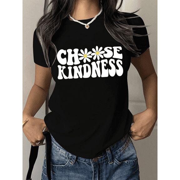 Choose Kindness Biblical Affirmation Print Tshirts Faith Based Graphic Tees Positive Inspirational Flower Design Casual Tops Black,S