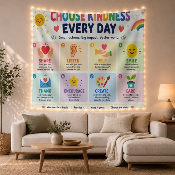 Choose Kindness Every Day with Rainbow Hearts on Light Blue Background, Inspirational Illustration for Kids, Educational Wall Decor, Birthday Gift Tapestry Wall Hanging for Classroom and Dorm