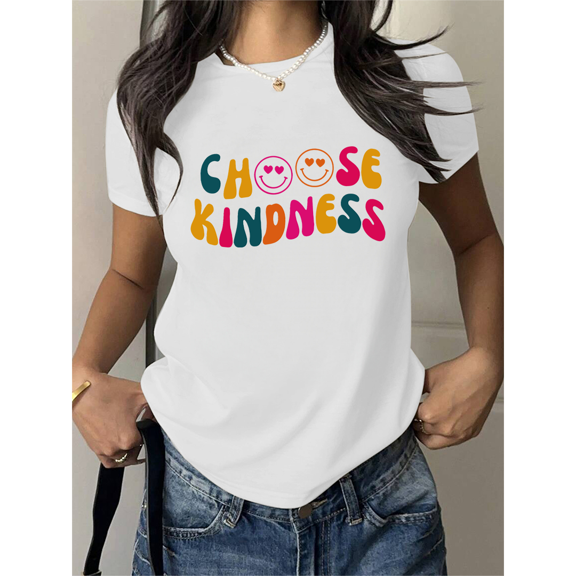 Choose Kindness Print Tshirts Faith Based Graphic Tees Kindness Movement Smiling Face Design Short Sleeve Casual Tops for Daily Outfits White,M