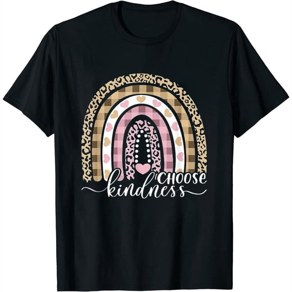 Choose Kindness Teacher Outfit Women Be Kind Leopard Rainbow T-Shirt Black 3X-Large