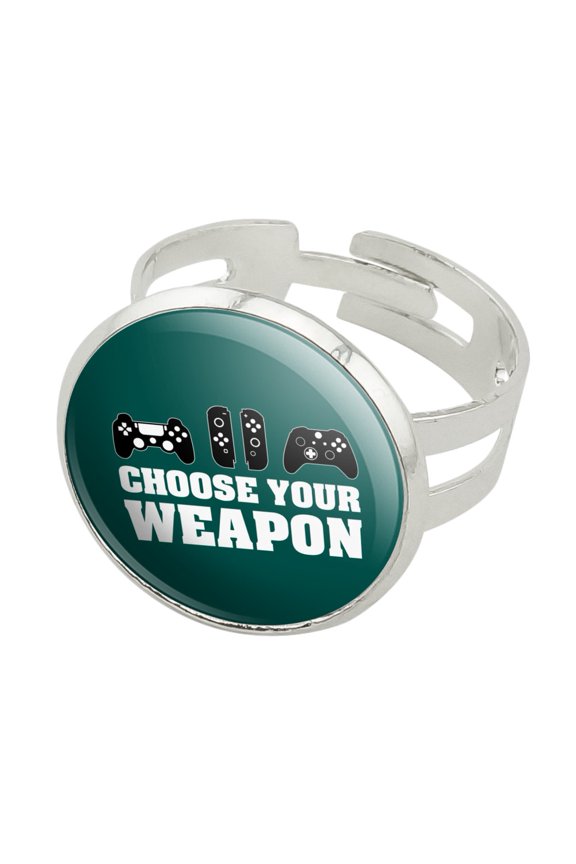 Choose Your Weapon Controllers Games Gamer Silver Plated Adjustable Novelty Ring