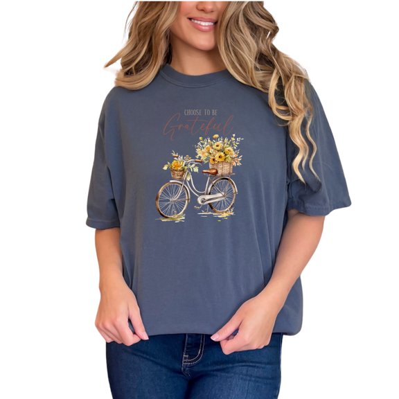 Choose to Be Grateful, Watercolor Bicycle & Flowers in Baskets Art, Denim Comfort Colors T-Shirt, 2XL