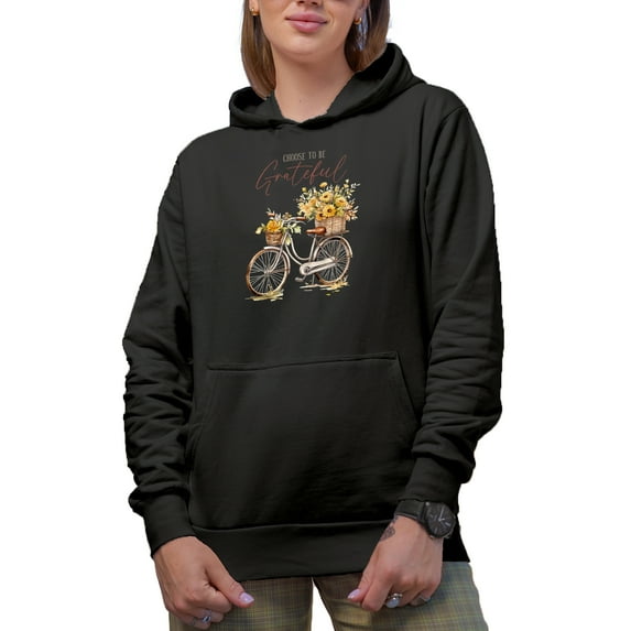Choose to Be Grateful, Watercolor Bicycle & Flowers in Baskets Art Merch Gift, Black Hooded Sweatshirt or Hoodie, 3XL