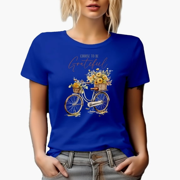Choose to Be Grateful, Watercolor Bicycle & Flowers in Baskets Art Merch Gift, Royal Blue T-Shirt, XL