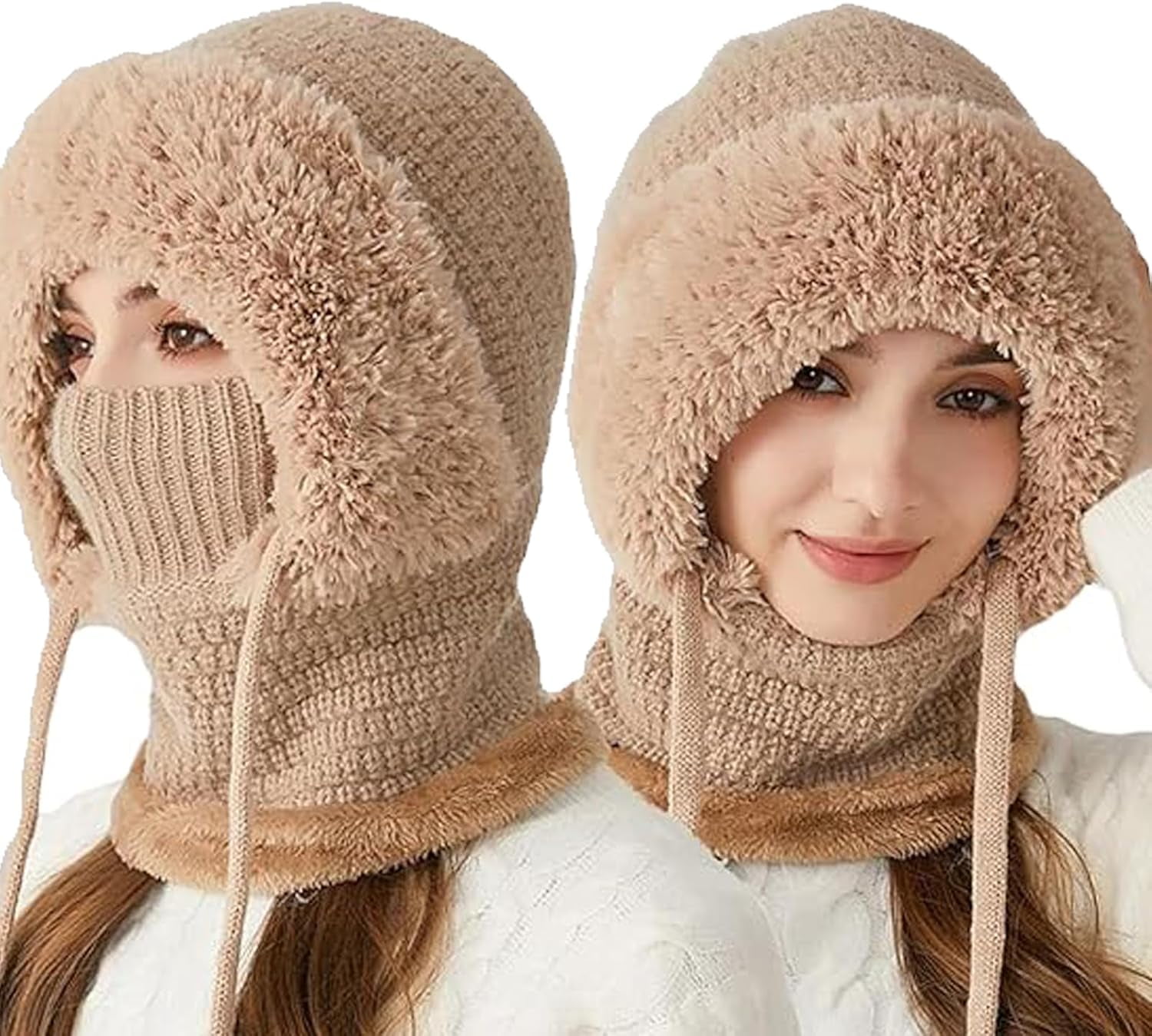 Choosemuc Hat, Women's Outdoors Windproof Scarf Hat, 3-in-1 Winter Balaclava for Women, Knitted Ski Scarf and Mask Set Khaki