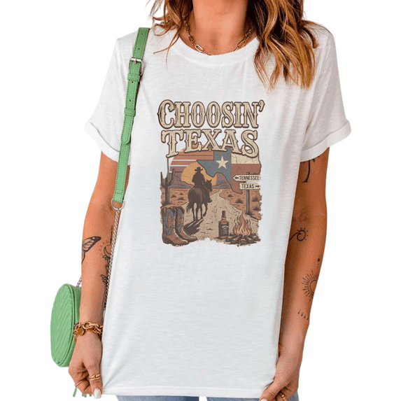 Choosin Texas Western Cowboy Desert Print Tshirt Graphic Tees Shirts Lone Star State Southern Country Music Fan Gift White Tops S-5XL