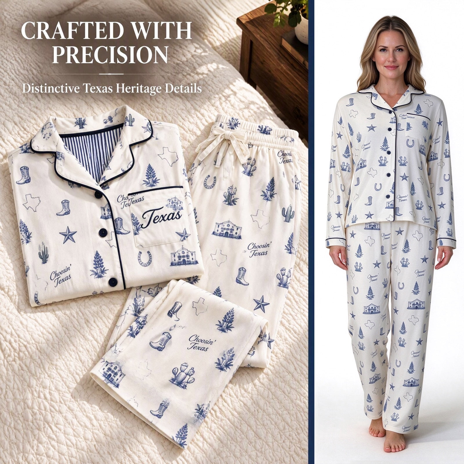 Choosin Texas Pajamas Set for Women, Long Sleeve Button Pajama Top with ...