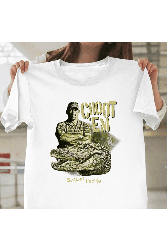 Choot Em Swamp People Funny Retro Reality TV Show Hunter Fan Art Unisex T-Shirt, up to size 3XL.