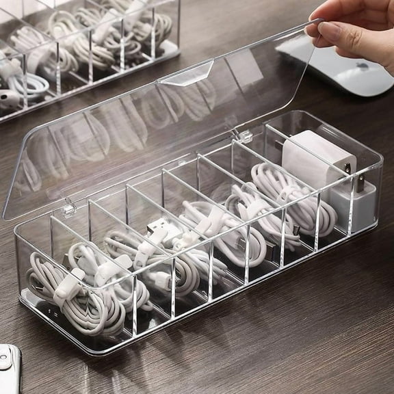 ChoovyShop Cable Organizer Box with Lid, Clear Plastic Charger Cord Adapter Organizer, Accessories Storage for Home Drawer Office