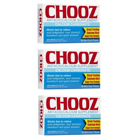 Chooz Antacid Calcium Supplement - 12 Mint Gum Pieces (Pack of 3)