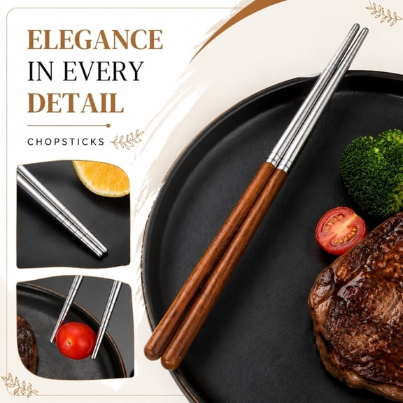 Chop Sticks, Chopsticks Reusable, Stainless Steel Kitchen Utensils, Wood Kitchen Utensils, 9 Inch -Safe 304 Stainless Steel Top and Solid Wood Handle Chopsticks for Regular