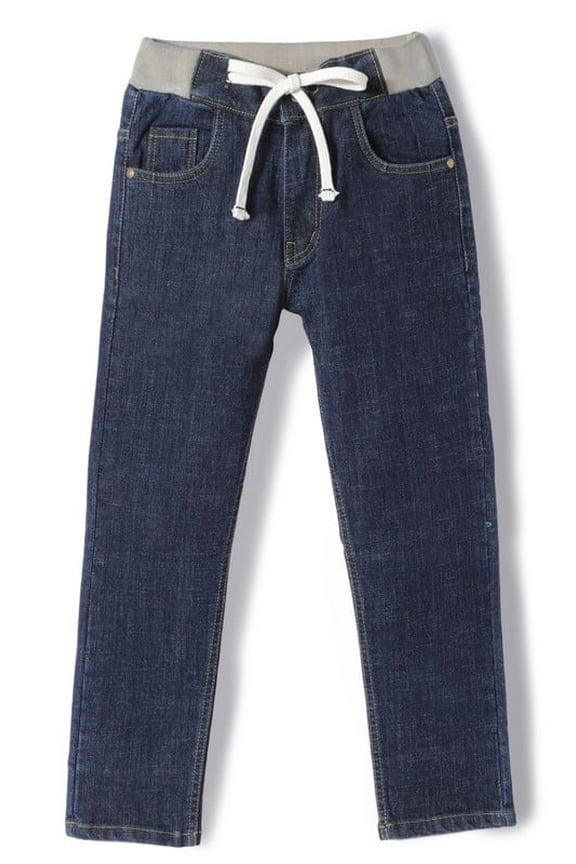 Boys Slim Fit Stretch Denim Jeans, Premium 3x1 Cotton Fabric with Rib Waistband, Button, Zip & Drawstrings, Sizes 5-18