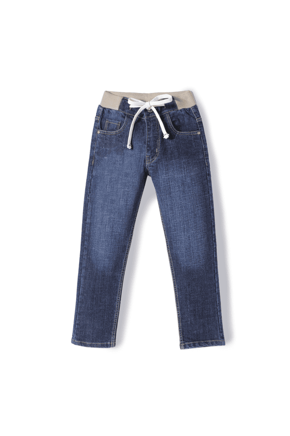 Boys Slim Fit Stretch Denim Jeans, Premium 3x1 Cotton Fabric with Rib Waistband, Button, Zip & Drawstrings, Sizes 5-18