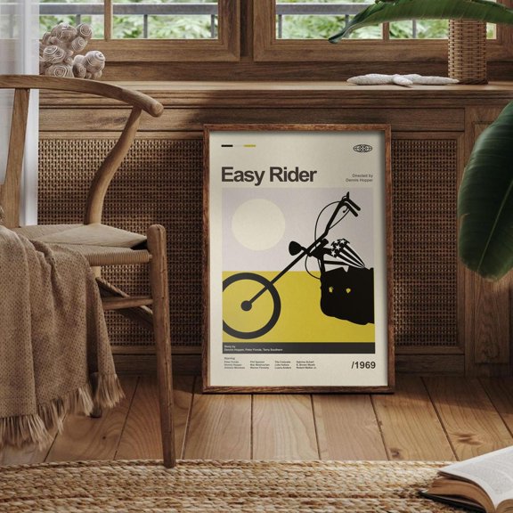 Chopper Motorcycle Easy Rider Highway Minimalist Black and White Mid-Century Modern Wall Art, Unframed Canvas